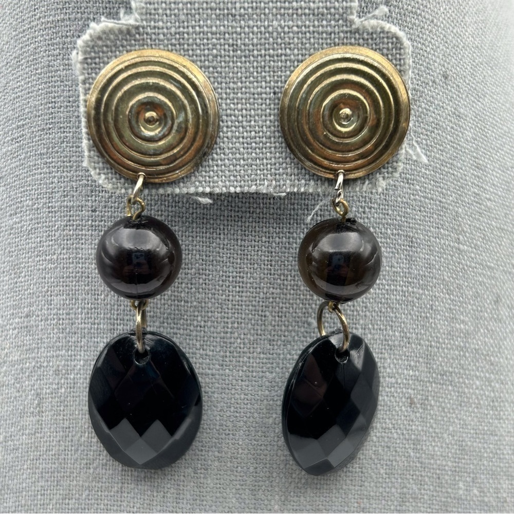 Bohemian Bronze Swirl Round Disc Studs with Black Beaded Dangle Earrings
